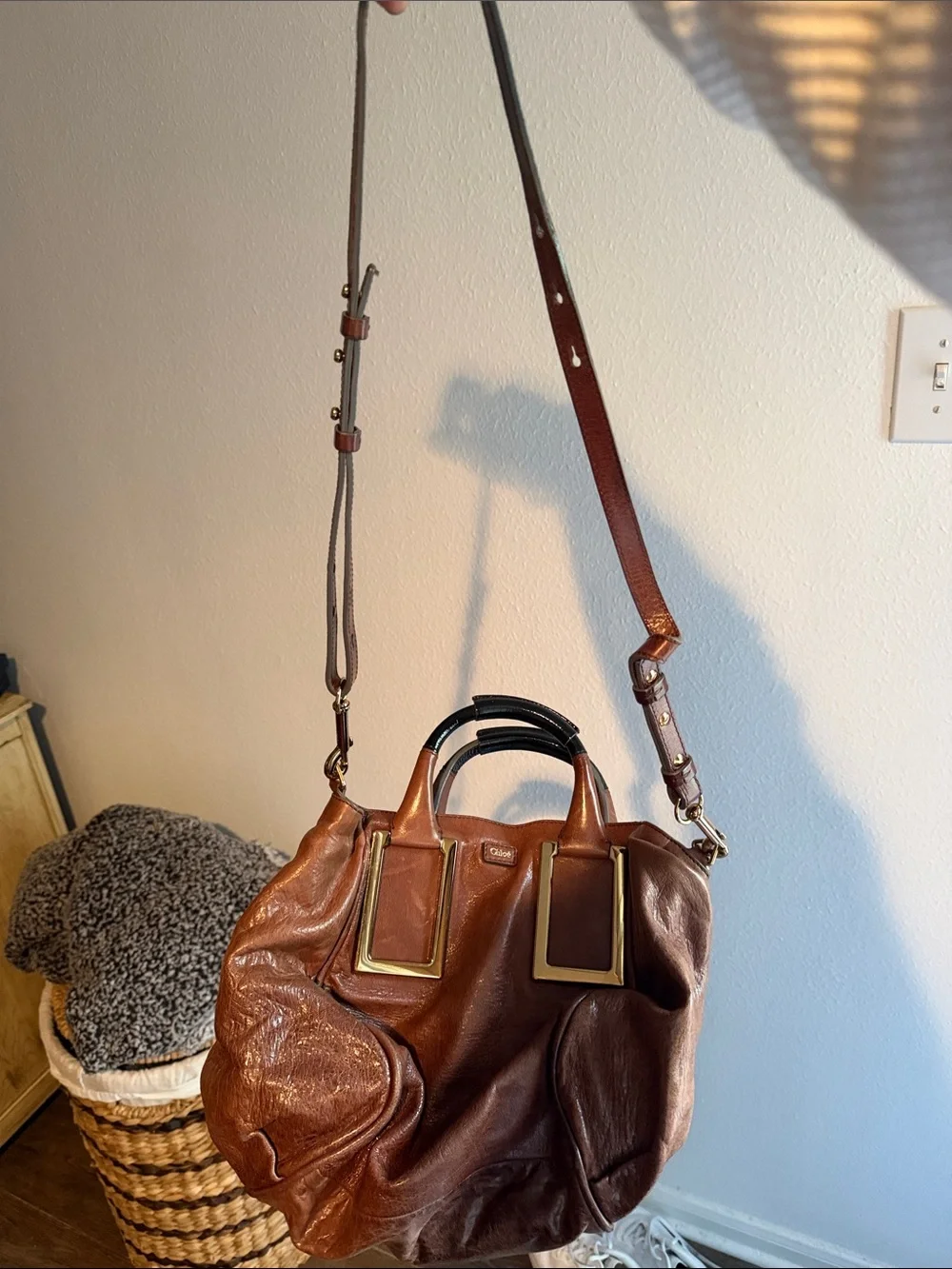 Chloe Rust Brown Leather Satchel with Black Top Handles